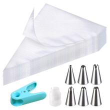 soodyoow 100 Pcs Disposable Piping Bags, Piping Bags and Nozzles Set with 1Coupler+6Nozzles+1Baking Clip, Icing Piping Cream Pastry Bag, Clear Piping