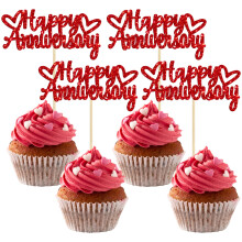 Gyufise 24Pcs Glitter Happy Anniversary Cupcake Toppers Anniversary Party Supplies Cake Decoration Wedding Celebration Party Decoration Supplies Red