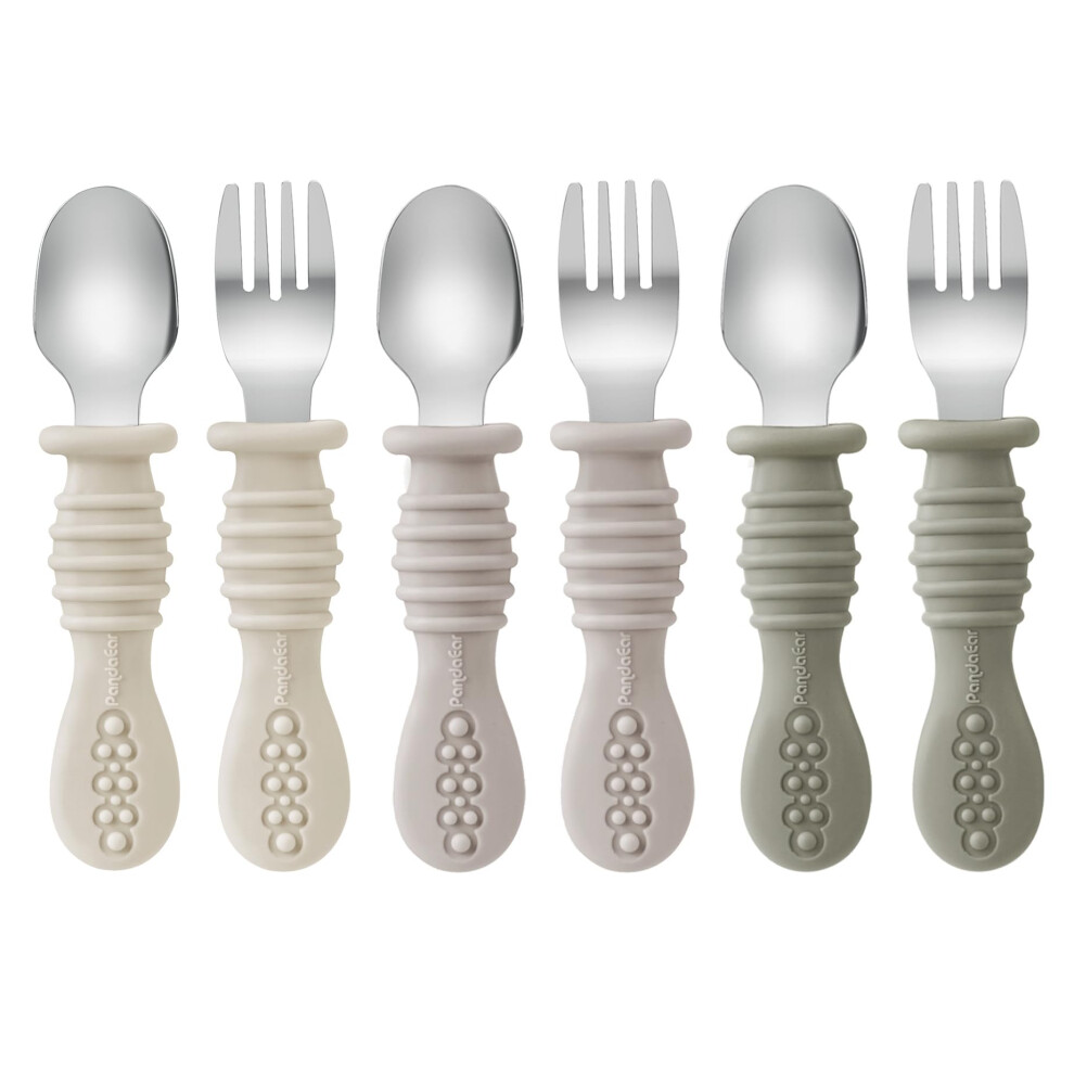 6 Pack Toddler Fork And Spoon Cutlery Set, Baby Stainless Steel Weaning Spoons Fork Self Feeding For Babies Kids With Silicone Handle, Bpa Pandaear