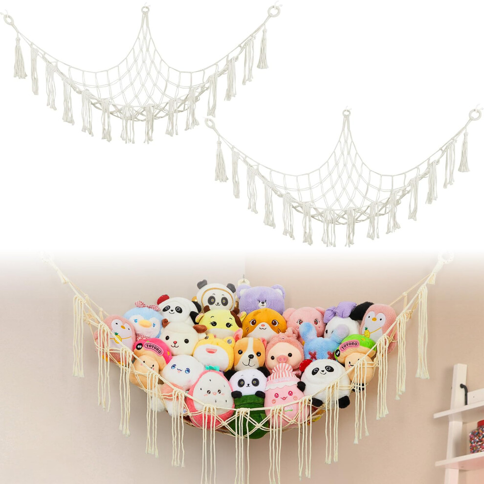 Teddy Hammock ? 2Pack Boho Corner Toy Storage Net For Stuffed Animals, Large Hanging Organizer For Kids? Bedroom & Playroom, Macrame Cuddly Toy Freeskill
