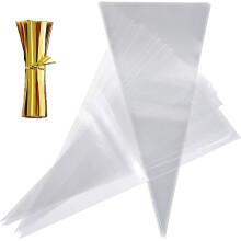 Sweet Cones Bags,100 PCS Clear Cellophane Cone Bag Triangle Treat Bags with Gold Twist Ties Popcorn Bags for Candies Handmade Cookies Party Christmas