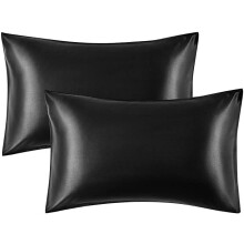 Silky Satin Pillowshams Set for Hair - Pillowcase Covers with Envelope Closure -Cool and Easy to Wash -Set of 2 - Only Pillow Cover No Insert (Black,