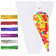 100pcs Sweet Cone Bags,Sweet Cones Bags with 100pcs Colorful Ties and 100 Silver Ties,Triangle Clear Bag for Goods Packaging of Birthday and Other
