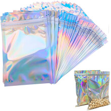 10.5 * 15cm Holographic Bags, 100pcs Clear Golden Resealable Mylar Bags,Mylar Bags, Smell Proof Bags Holographic Packaging Bags,Packaging