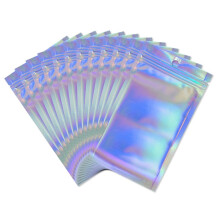 Rimiko 50pcs Holographic Ziplock bags, Reusable Foil Sample Bags for Packaging, Resealable Aluminum Mylar Bags, Clear Foil Pouches for Food Storage