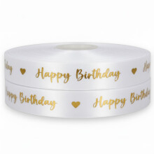 Gold Swirly Foil Print Happy Birthday Ribbon Satin 2m x 25mm for Cakes, Birthday Cakes Gift Wrap Wrapping Ribbon Cards Birthday Decorations Craft