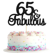 Gyufise 3Pcs 65 & Fabulous Cake Topper Black Glitter Sixty Five and Fabulous Cake Toppers Happy 65th Birthday Cake Pick for 65th Wedding Anniversary