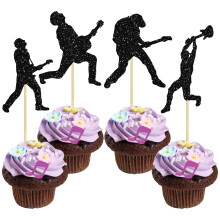 Gyufise 24Pcs Rock Band Cupcake Toppers - Black Glitter Rock Pop Music Theme Cupcake Picks - Music Cake Decorations for Concert Theme Birthday Party