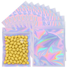 HRX Package Holographic Ziplock Bags, 14x20cm Sealable Mylar Sweet Pouch Foil Bags for Wax Melt Packaging Food Sample Bags(Pack of 50)