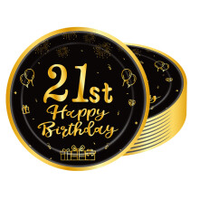 POPOYU 16pcs Black and Gold Paper Plates 21st, Happy Birthday Disposable Tableware Paper Plates 9 Inch,Happy 21st Birthday Decorations Plates for