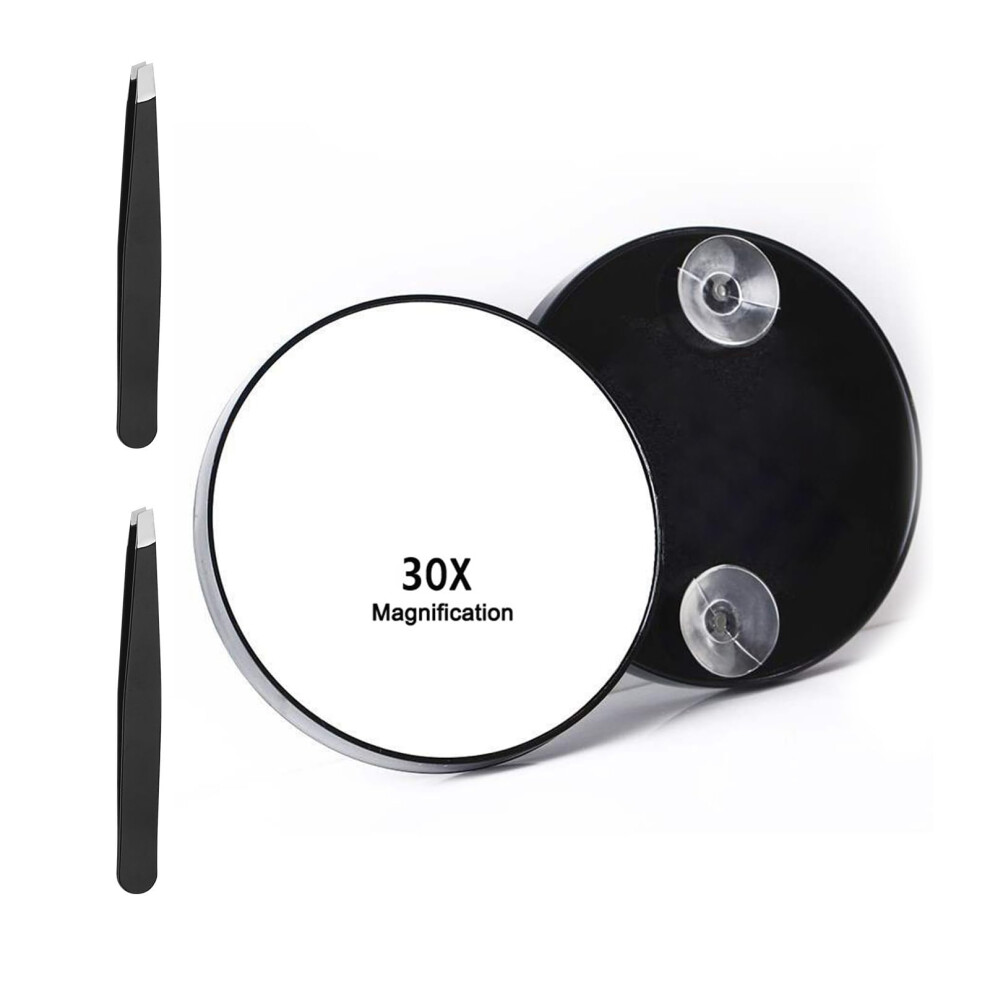 Bnphsin Black 30X Magnifying Mirror, 3.5 Inches Magnifying Mirror With Suction Cup And 2Pcs Tweezers, Portable Magnifier Makeup Mirror For Travel,