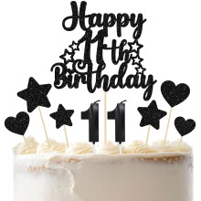 Gyufise 15Pcs Happy 11th Birthday Cake Topper Set Heart Star Glitter Cheers to 11 Years Cake Picks Number 11 Candles Cake Decorations for Happy 11th