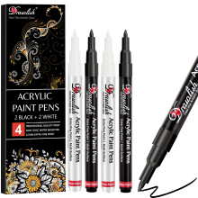 Drawlish Acrylic Paint Pens, Black & White Pen Set of 4 Glass Paint Markers 0.7mm Extra Fine Tip | Ideal for Wood, Fabric, Porcelain, Ceramic, Stone,