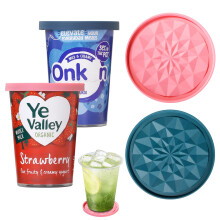 yogurt pot lids 500g, 2-pack silicone lids for yoghurt pots, Large reusable silicone lid, can be turned over to be used as a coaster, suitable for cup