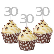 Sumerk 24PCS 30 Cupcake toppers Silver Glitter 30th Birthday Cupcake Picks Anniversary Party Decorations