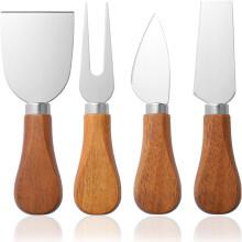 YUANQIAN 4-Piece Stainless Steel Cheese Knives Set with Wooden Handle & Gold Accents - Cheese Slicer, Spreader, Fork & Prickle - Luxury Charcuterie