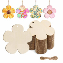 winmiya 20Pcs Flowers Wood Cutouts with 4.2m Natural Twine Floral Wooden Slices Blank Flower Shape Wood Ornaments Flower Embellishments Wooden Slices