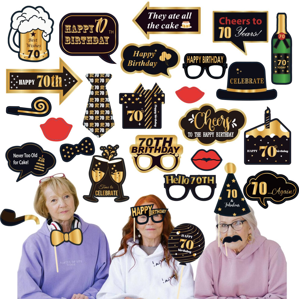 Popoyu 32Pcs 70Th Birthday Photo Booth Party Props, Decorations,Personalised Funny Diy Kit Selfie Props ,,Adults,70Th Gift Favors, Two Black/Gold 5051225428167