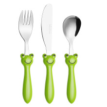 Exzact Children's Cutlery Stainless Steel 3pcs Set/Kids Cutlery/Toddler Utensils/Flatware - 1 x Fork, 1 x Safe Dinner Knife, 1 x Dinner Spoon (Frog x