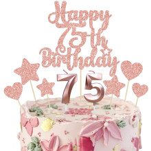 Gyufise 15Pcs Happy 75th Birthday Cake Topper Set with Heart Star Glitter Cheers to 75 Years Cake Picks Number 75 Candles Cake Decorations for Happy