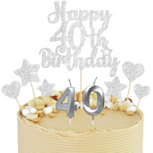 Gyufise 15Pcs Happy 40th Birthday Cake Topper Set with Heart Star Glitter Cheers to 40 Years Cake Picks Number 40 Candles Cake Decorations for Happy