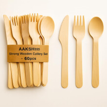 AAKSH555 |Pack of 60 Strong Disposable Wooden Cutlery Set | 20 Spoons, 20 Forks, 20 Knives |100% Birch Wood, Sturdy & Eco-Friendly| Ideal for