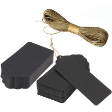 Black Paper Gift Tags with Free Natural Jute Twine 50Pcs, 9x4.5cm (Black)