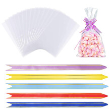 50 Pack Cellophane Bags, Food Cookie Bags Clear Cellophane Bags with 50 Pcs Mix Colors Pull Bows for Gifts, Packaging, Wrapping Sweets Bag, Clear Gift