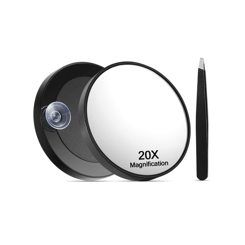 Macaki Black 20X Magnifying Mirror With Suction Cups And Tweezers Set, 3.5 Inches Magnified Makeup Mirror, 1Pc