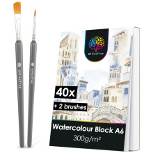 OfficeTree 40x Watercolour Paper A6 300gsm - Watercolour Pad A6 with 2X Brushes - Painting Paper - Watercolour Postcards Pad - Watercolour Sketchbook
