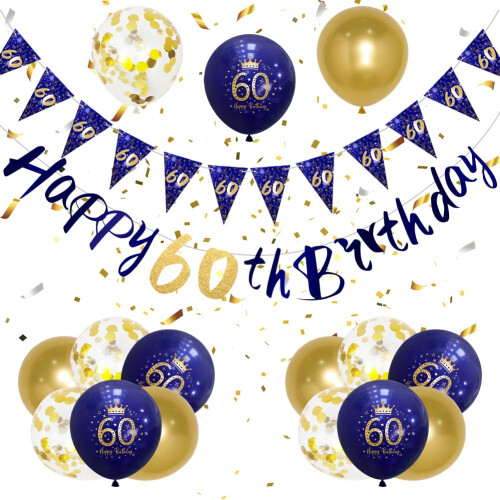 Mens 60th Birthday Decorations Navy Blue Gold 60th Birthday Party Decorations Mens Banner Bunting Kit by Wonsta