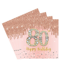 80th Birthday Napkins Rose and Gold, 80th Birthday Serviettes for Women Her, 20 Packs Pink Party Tissue for Table Decorations