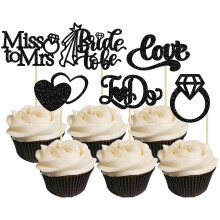 Gyufise 24Pcs Bride to Be Cupcake Toppers Black Glitter I Do Love Heart Ring Miss To Mrs Cupcake Picks Bridal Shower Cake Decorations for Wedding