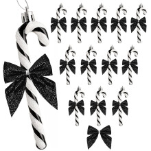 HERZWILD 12Pcs Candy Cane Christmas Decorations Plastic Candy Cane Christmas Glitter Candy Cane with Bow Tree Hanging Ornament (Black)