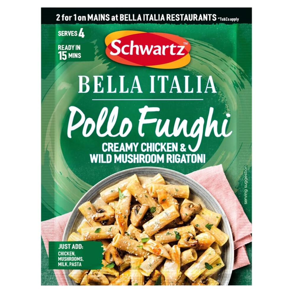 Schwartz X Bella Italia Pollo Funghi Creamy Chicken & Wild Mushroom Rigatoni Recipe Mix, 30G