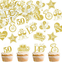 Blumomon 40Pcs Edible 50th Wedding Anniversary Cupcake Toppers Edible Gold 50th Golden Wedding Anniversary Cupcake Decoration for Celebration Party