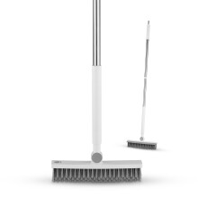 Swan Elevate Angled Floor Scrubbing Brush with Squeegee, 180? Pivoting Head, Posture-Positive Handle, 5-Layer Stiff Bristles for Deep Cleaning