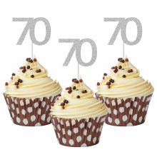 Sumerk 24PCS 70 Cupcake toppers Silver Glitter 70th Birthday Cupcake Picks Anniversary Party Decorations