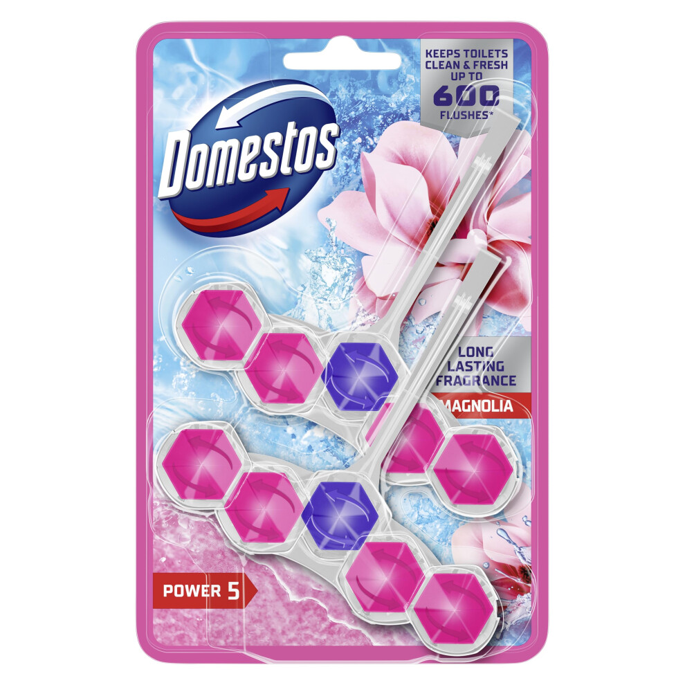 Domestos Power 5 Magnolia Toilet Rim Blocks Toilet Freshener With A Long-Lasting Fragrance Clean And Freshen For Up To 300 Flushes 2X 50 G