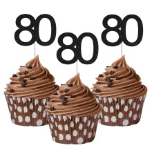 Sumerk 24PCS 80 Cupcake toppers Black Glitter 80th Birthday Cupcake Picks Anniversary Party Decorations