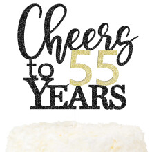 LOVENJOY Cheers to 55 Years Cake Topper for Happy 55th Birthday Anniversary Cake Decorations, Dual-Side Glitter Black and Gold