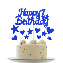 Personalised Happy 1st Birthday Cake Toppers - Dark Blue Cake Decorations for Baby Boy & Girl - Cupcake Topper, Glitter Cakes Decoration for 1st