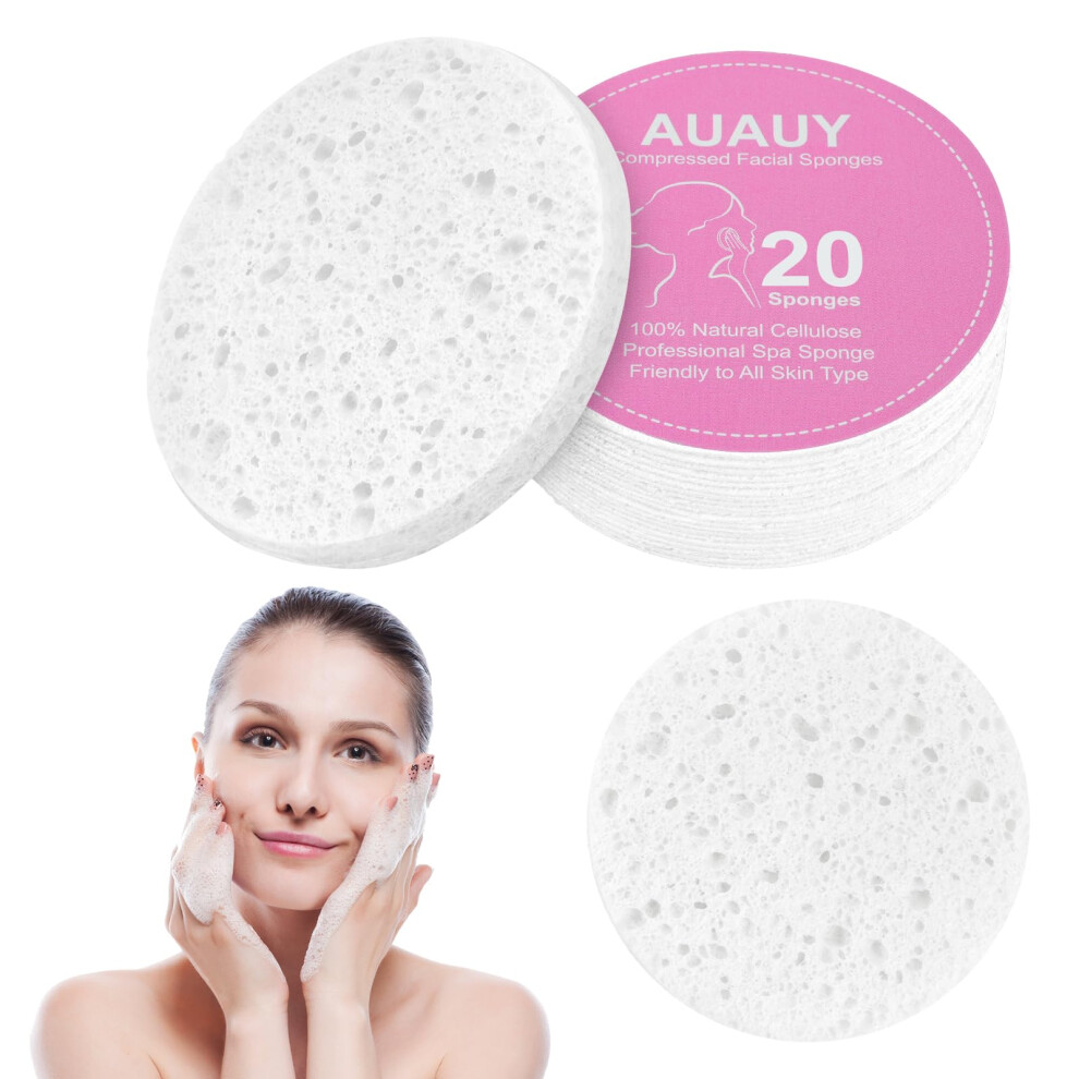 Auauy Compressed Facial Sponges, 20 Count Cellulose Facial Sponges For Daily Cleansing, 100% Natural Wood Pulp Cotton Face Washing Sponge For Facial