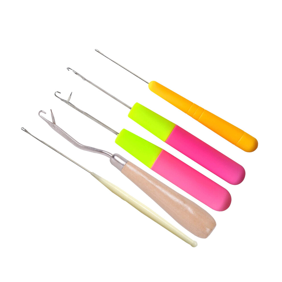 Yantaisiyu 5Pcs Hair Crochet Hook Bent Latch Hook Crochet Needle Set Tool Knitting Ventilating Needles For Hair Extension 1 Wooden Bent Latch Hook And 4 Size