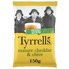 Tyrrells Crisps MATURE CHEDDAR & CHIVE Crisps 150g Bag - Hand-cooked & spun for an exquisite fresh taste. No artificial ingredients (No artificial