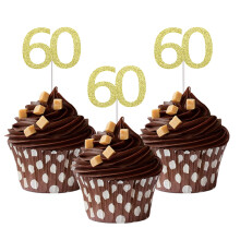 Sumerk 24PCS 60 Cupcake toppers Gold Glitter 60th Birthday Cupcake Picks Anniversary Party Decorations