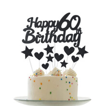 Personalised Happy 60th Birthday Cake Toppers Black Cake Decorations for Men,Women,Him,Her 60th Birthday Cake Cupcake Topper, Glitter Cakes Decoration