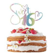 Sotpot 1PC Sweet 16 Cake Topper Rainbow Glitter Happy 16th Birthday Cake Picks for Sweet Sixteen Theme Party Cake Decorations