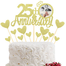 Sumerk 25th Anniversary Cake Topper,13pcs Gold Glitter Cake Toppers Cake Decorations for 25th Wedding Anniversary Celebration Party