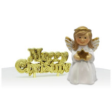 Anniversary House 2pcs Christmas Cake Toppers Set - Nativity Angel Resin Topper & Gold Merry Christmas Motto - Traditional Non-Edible Yule Log